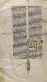 A Young Man and Woman Eating; Sens, or, France; about 1170 - 1180; Tempera colors, gold leaf, and ink on parchment; Leaf