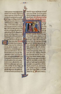 Initial A: A Man Placing his Hand on the Head of a Kneeling Man; Unknown, Michael Lupi de Çandiu, Spanish, active Pamplona