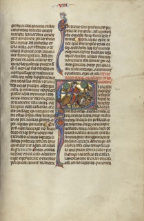 Initial E: A Hunter Killing a Boar; Unknown, Michael Lupi de Çandiu, Spanish, active Pamplona, Spain 1297 - 1305, Northeastern