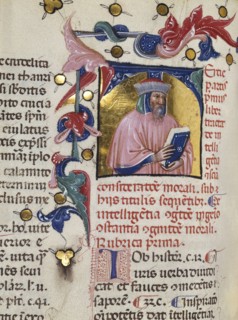 Initial T: Bust Portrait of a Bearded Man; Venice, Veneto, Italy; early 15th century; Tempera colors, pen and ink, and gold leaf