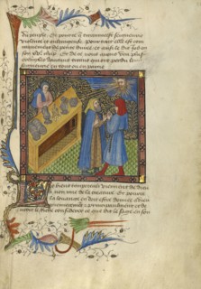 Two Men Standing before a Bench of Money, Plates, and Goblets; Avignon, probably, France; about 1430; Tempera colors, gold leaf