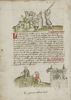 A Crowned Couple with a Dog and a Donkey; A Woman Feeding a Bird; Trier, probably, Germany; third quarter of 15th century; Pen