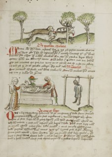 A Dog Hunting a Stag; A Man Killed by Hanging and A Woman Laying in a Coffin; Trier, probably, Germany; third quarter of 15th