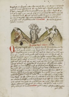 A Woman and a Nude Man and a Cleric Speaking to the Man; Trier, probably, Germany; third quarter of 15th century; Pen and black