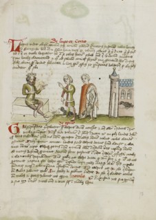 A Crowned Judge Enthroned Speaking to a Man with a Black Bird; Trier, probably, Germany; third quarter of 15th century; Pen