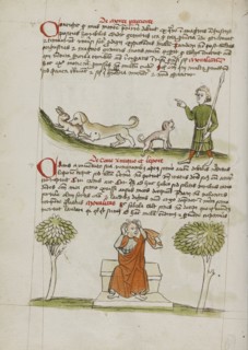 A Dog Biting a Hare and A Hunter Speaking to the Dog; A Man with a Tonsure About to Sit on a Fly; Trier, probably, Germany