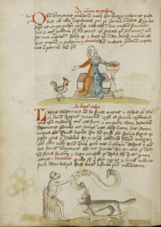 A Woman with a Vessel and a Hen; A Monkey Instructing a Fox and a Wolf; Trier, probably, Germany; third quarter of 15th century