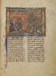A Dragon Charging Two Doves; Thérouanne ?, France, formerly Flanders, about 1270; Tempera colors, gold leaf, and ink