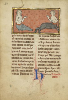 A Siren and a Centaur; Thérouanne ?, France, formerly Flanders, fourth quarter of 13th century, after 1277, Tempera colors