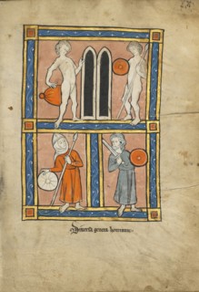 Men with Shields and Weapons; Thérouanne ?, France, formerly Flanders, fourth quarter of 13th century, after 1277, Tempera