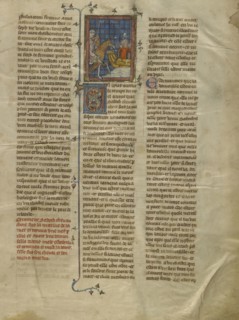 Sadoch Finding Celynde at the Seashore with Retinue; Paris, France; about 1320 - 1340; Tempera colors, gold paint, and silver