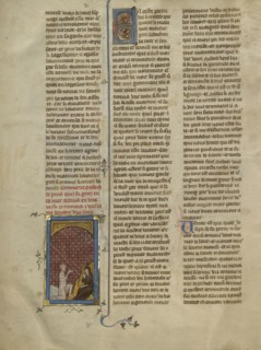 Sadoch Kneeling before a Hermit; Paris, France; about 1320 - 1340; Tempera colors, gold paint, and silver and gold leaf