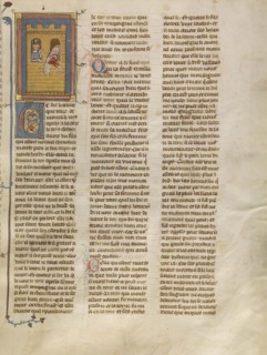 Queen Gloriande Throwing Herself from a Window; Paris, France; about 1320 - 1340; Tempera colors, gold paint, and silver