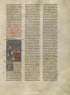 Kahedin and Iseult Meeting Palamedes and Lancelot by a Spring; Paris, France; about 1320 - 1340; Tempera colors, gold paint