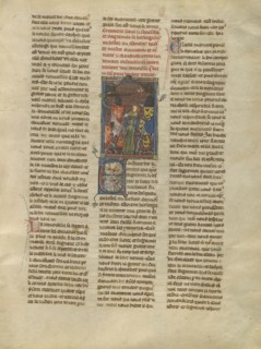 Tristan Freeing a Demoiselle from Brehus sans Pitie; Jeanne de Montbaston, French, active about 1320 - 1355, Paris, France