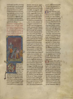Tristan and Lucan Jousting; Jeanne de Montbaston, French, active about 1320 - 1355, Paris, France; about 1320 - 1340; Tempera