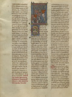 Gauvain and Blioberis Meeting a Knight with a Red Shield; Jeanne de Montbaston, French, active about 1320 - 1355, Paris, France