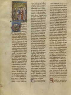 Tristan Speaking to King Arthur, Queen Genevieve, and Knights; Jeanne de Montbaston, French, active about 1320 - 1355, Paris