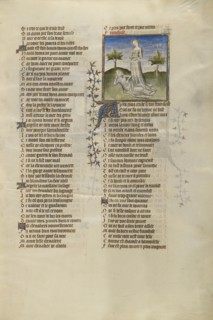 Female Personifications of Poverty and Franchise; Paris, France; about 1405; Tempera colors, gold leaf, and ink on parchment