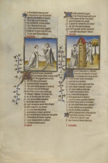 Courtesy with a Knight; Idleness Opening the Door for the Lover; Paris, France; about 1405; Tempera colors, gold leaf