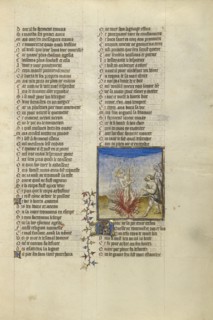 Rain Extinguishing the Flames at the Stake to Which King Kroesus is Bound; Paris, France; about 1405; Tempera colors, gold leaf