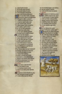 Three Men Cast to the Ground as the Castle of Generosity Collapses; Paris, France; about 1405; Tempera colors, gold leaf