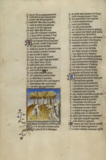A Woman and Two Men Eating Fruit; Paris, France; about 1405; Tempera colors, gold leaf, and ink on parchment