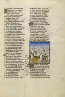 A Husband Beating his Wife with a Stick; Paris, France; about 1405; Tempera colors, gold leaf, and ink on parchment