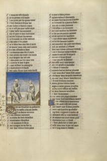 A Man and a Modishly Costumed Woman in Conversation; Paris, France; about 1405; Tempera colors, gold leaf, and ink on parchment