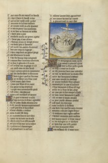 Palinurus Tumbling from Aeneas's Boat into the Sea; Paris, France; about 1405; Tempera colors, gold leaf, and ink on parchment
