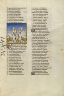 Dukalion and Pyrrha Throwing Stones over their Shoulders; Paris, France; about 1405; Tempera colors, gold leaf, and ink