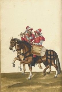 A Drummer and a Flute Player on Horseback; Augsburg, probably, Germany; about 1560 - 1570; Tempera colors and gold and silver