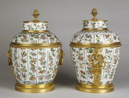 Pair of Mounted Lidded Vases; porcelain about 1700 - 1720; mounts about 1710 - 1715; Hard-paste porcelain, polycrhome enamel