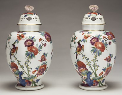 Pair of Lidded Vases; Meissen Porcelain Manufactory, German, active 1710 - present, Meissen, Germany; before 1733; lids