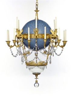 Chandelier; Gérard-Jean Galle, French, 1788 - 1846, Paris, France; about 1818 - 1819; Gilt bronze; enameled metal; glass