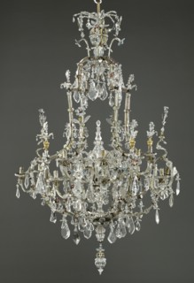 Chandelier; Paris, France; about 1710 - 1715; Colored glass, glass, colored foils, rock crystal, gilt bronze, and silver-plated