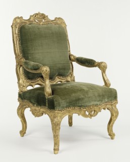 Four Armchairs; about 1735; Gilded walnut; modern upholstery