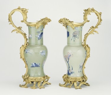 Pair of Ewers; porcelain 1662 - 1722; mounts 1745 - 1749; Hard-paste porcelain, celadon ground color, underglaze blue and copper