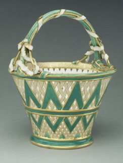 Basket; Sèvres Manufactory, French, 1756 - present, Sèvres, France; 1756; Soft paste porcelain, green ground color; gilding; 21