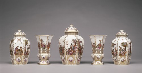 Assembled Set of Five Vases; Decoration attributed to Johann Gregor Höroldt, German, 1696 - 1775, Meissen Porcelain Manufactory
