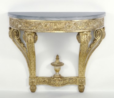 Console Table; Paris, France; about 1775; Painted and gilded oak with bleu turquin marble top; 85.7 x 104.8 x 46.4 cm