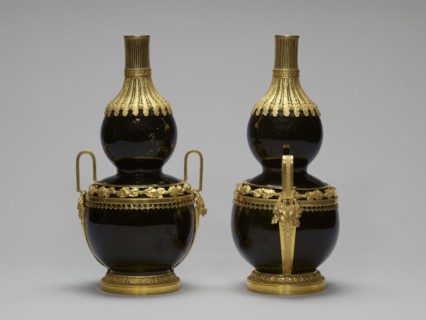 Pair of Vases; China; porcelain 1662 - 1722; mounts about 1770 - 1775; Hard-paste porcelain, black ground color and gilding