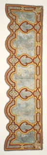 Upper outer proper left valence; about 1690 - 1715; Silk satin; cording; velour; silk embroidery; damask panels with linen