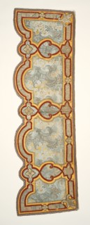 Upper outer foot valence; about 1690 - 1715; Silk satin; cording; velour; silk embroidery; damask panels with linen linings