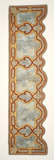 Upper outer proper right valence; about 1690 - 1715; Silk satin; cording; velour; silk embroidery; damask panels with linen