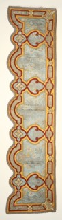 Lower proper left valence; about 1690 - 1715; Silk satin; cording; velour; silk embroidery; damask panels with linen linings