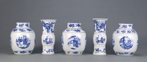 Five Piece Garniture Consisting of Three Lidded Jars and Two Beakers; 1662 - 1722; Hard-paste porcelain with underglaze blue