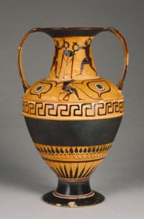 Storage Jar with Boxers; Attributed to Painter N, Greek, Attic, active 540 - 520 B.C., signed by Nikosthenes, Greek, Attic