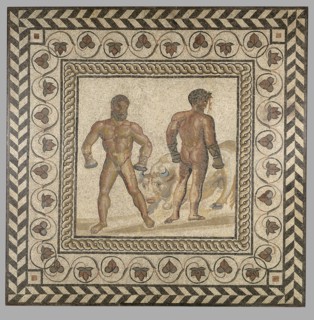 Mosaic Floor with a Boxing Scene; Villelaure, France, Europe; about 175; Stone and glass tesserae; 208 × 208 × 8 cm, 498.9522 kg