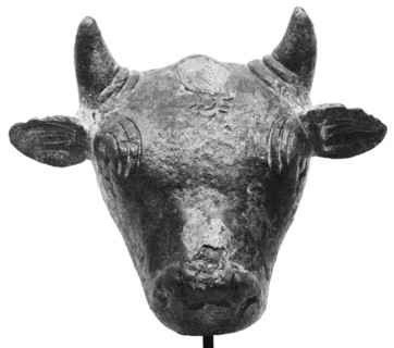 Head of a Bull; Roman Empire; 1st - 2nd century; Bronze; 8.9 × 11.4 × 1.5 cm, 3 1,2 × 4 1,2 × 9,16 in